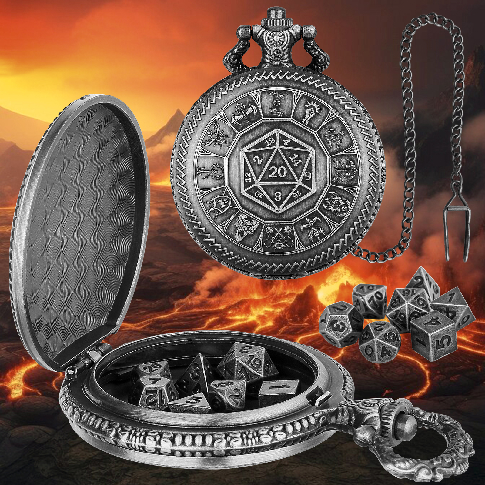 Steampunk Pocket Watch Dice Set - 7 Metal Polyhedral Dice with Case
