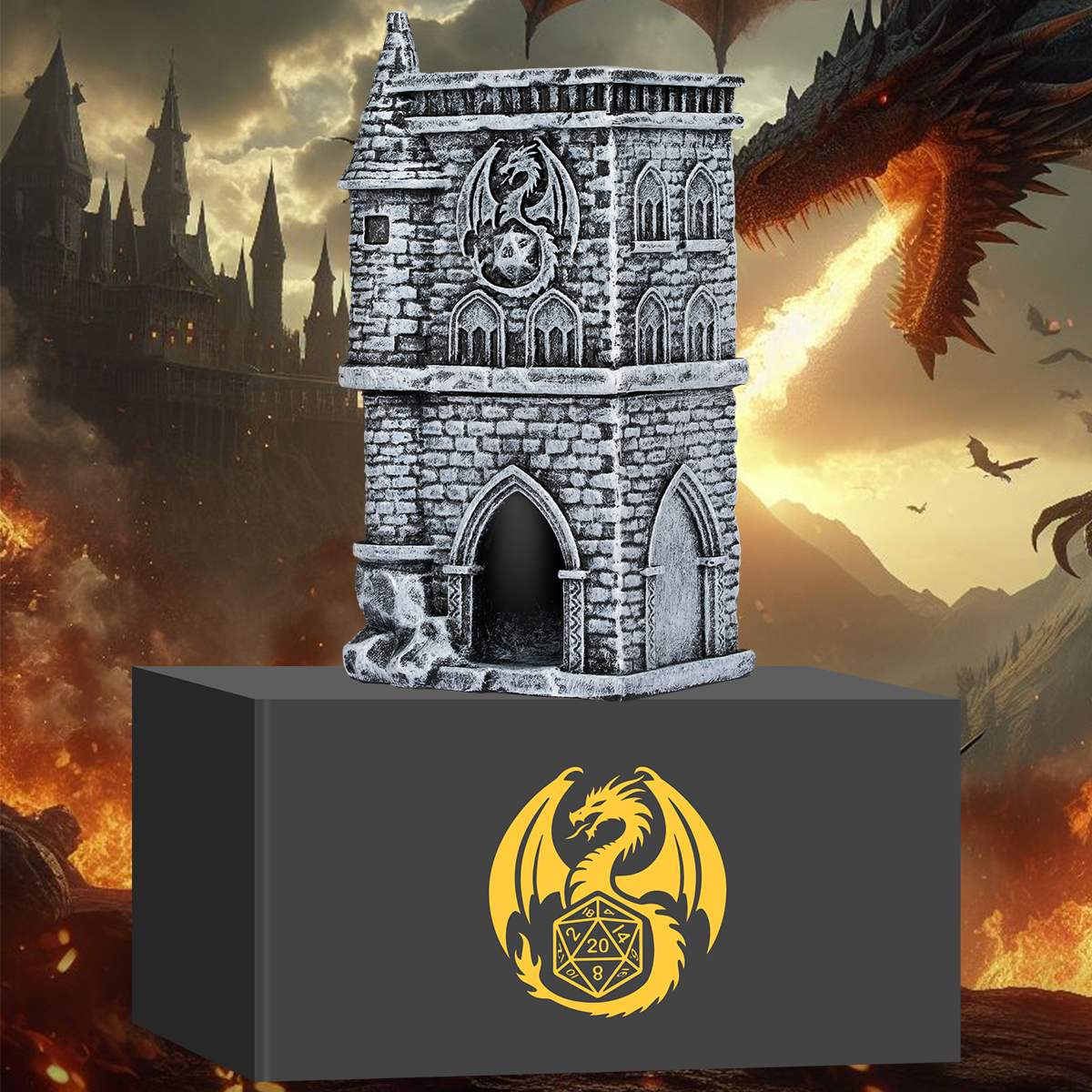 D20 Castle Dice Tower Gift Box Set - Medieval Resin Design