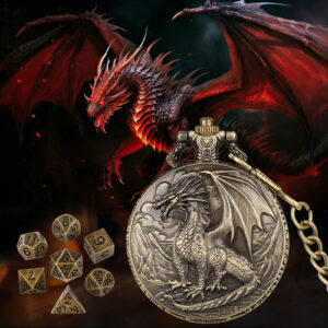 Pocket Watch Dice Set - 7-Piece Polyhedral Metal Dice with 3D Carved Case