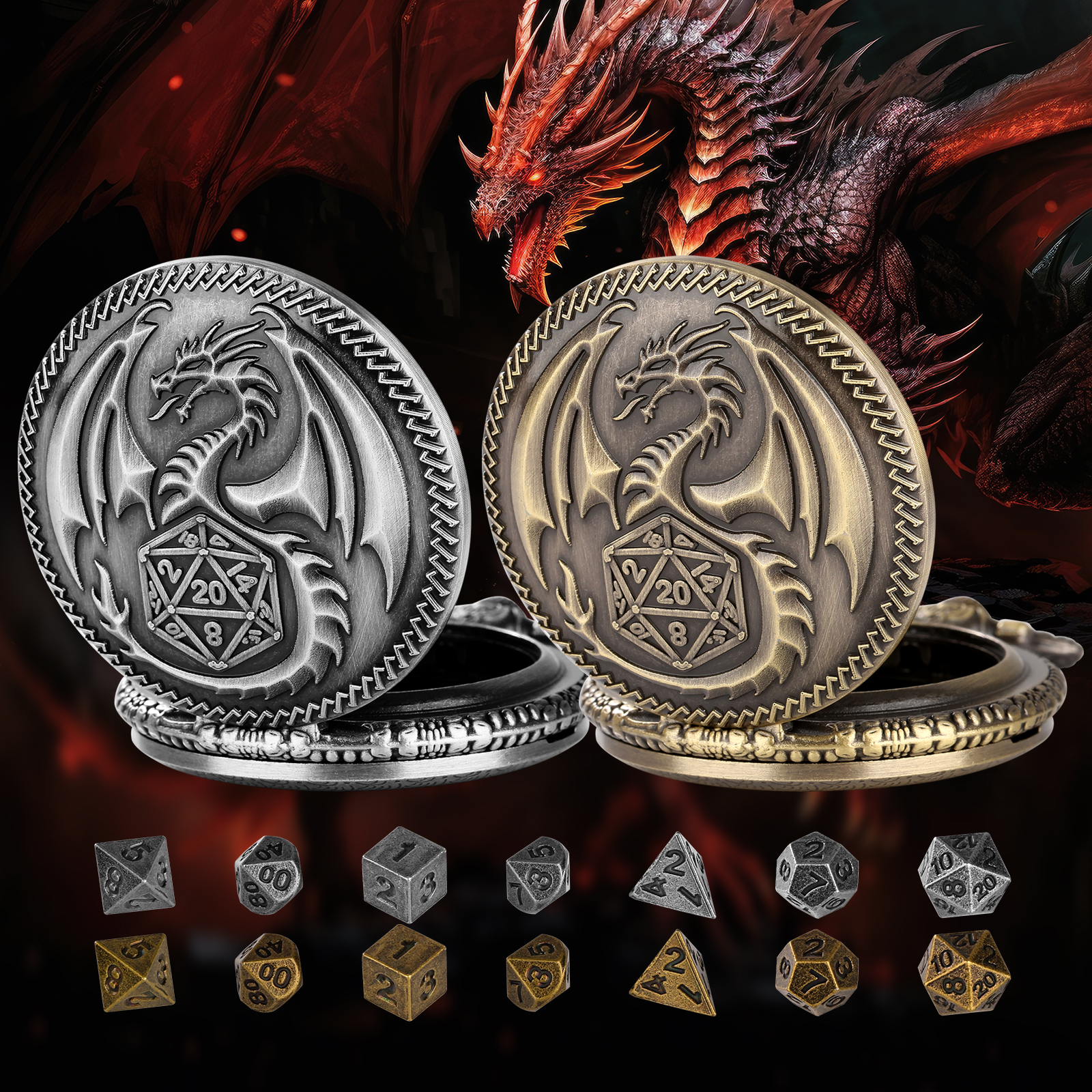 Pocket Watch Dice Set - 7 Metal Polyhedral Dice with Chain Case