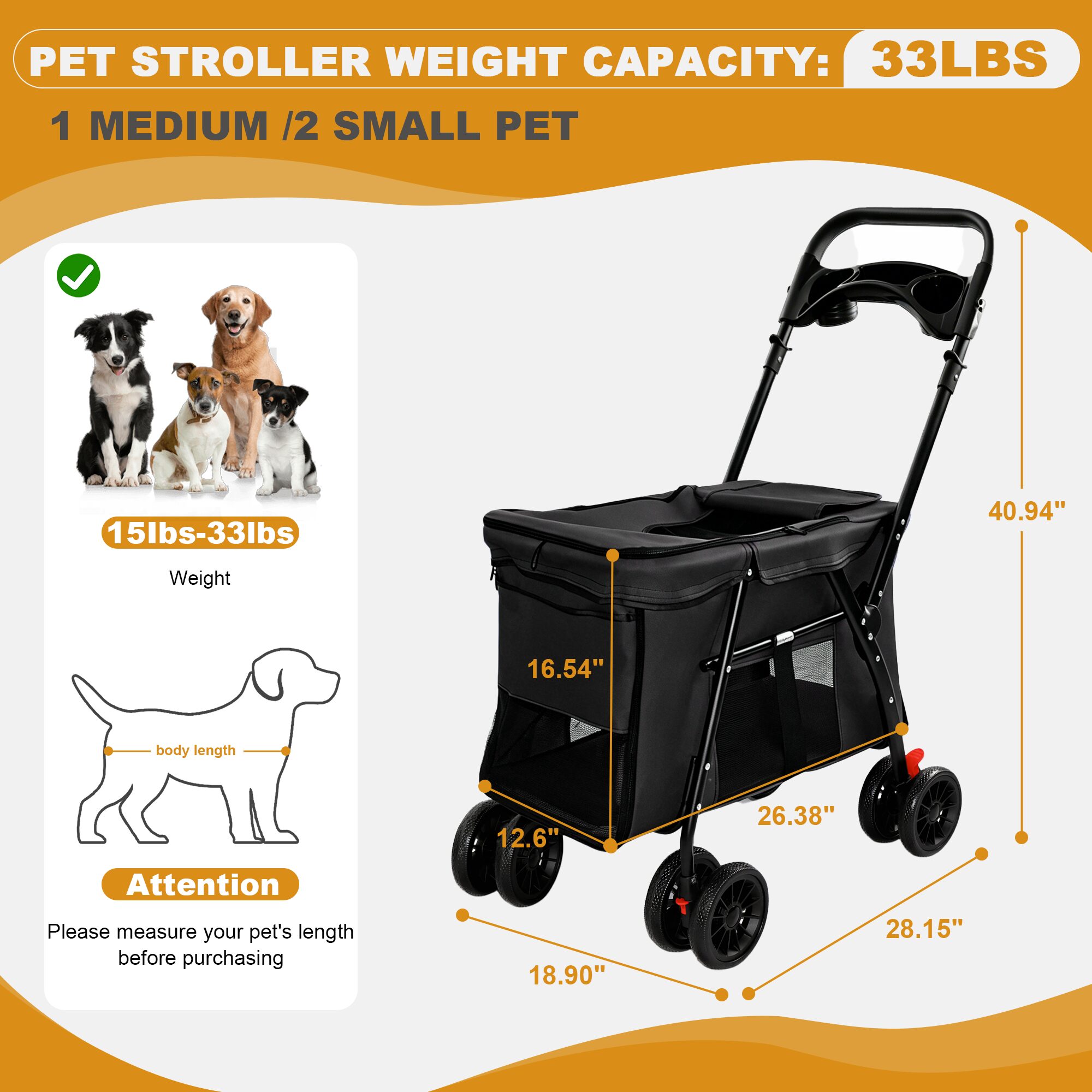 Foldable Pet Stroller - 4-Wheel Dog & Cat Stroller