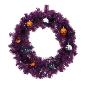 24In Pre-Lit Halloween-Themed Christmas Wreath, Lighted Artificial Xmas Wreath With 50 Purple & Oran