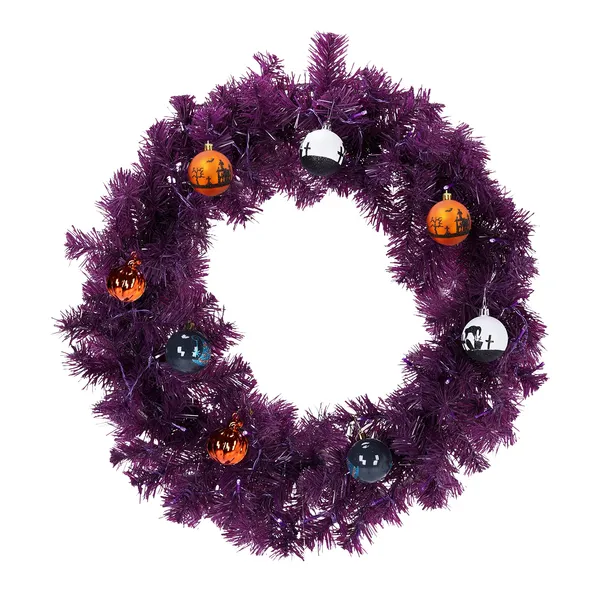 24In Pre-Lit Halloween-Themed Christmas Wreath, Lighted Artificial Xmas Wreath With 50 Purple & Oran